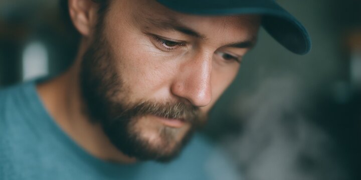 Man with a beard and a blue hat is looking at something