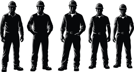 WebConstruction worker silhouettes, safety helmet, uniform pose set, black white vector, cad drawing illustration pack