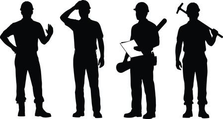 WebConstruction worker silhouettes, safety gear, tools, black white vector, cad drawing flat illustration pose set