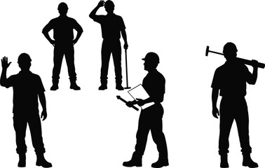 WebIndustrial worker silhouettes, construction tools, safety gear, black white vector, cad drawing flat illustration set
