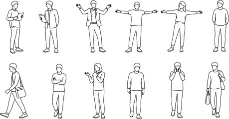 WebStanding walking pose silhouette, casual outfit gesture set, black white vector, cad drawing illustration pack