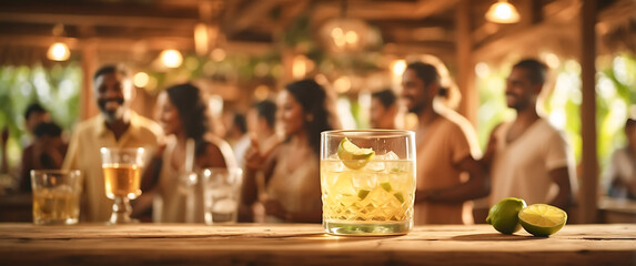 Refreshing cocktail with lime and ice on a wooden bar, with people socializing in the background under warm tropical light, relaxed summer atmosphere.
