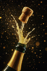 Champagne bursts dramatically from the bottle with golden splashes and a firework of bubbles. A moment of celebration, luxury, and festivity, filled with sparkling energy.