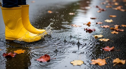 A person in yellow boots splashing in a puddle with fallen leaves