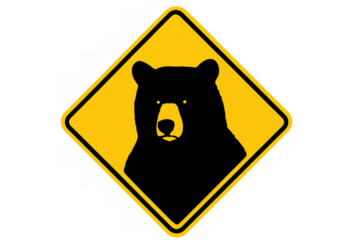 Bear crossing warning sign indicating wildlife danger, yellow road symbol for safety on transparent background