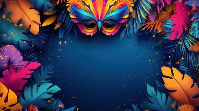 Vibrant Carnival Mask Amidst Tropical Foliage and Confetti