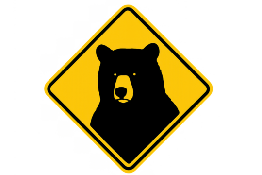 Bear crossing warning sign indicating wildlife danger, yellow road symbol for safety on transparent background - Powered by Adobe