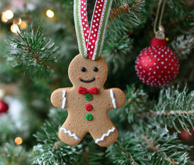  Gingerbread man ornament hanging on the christmas tree