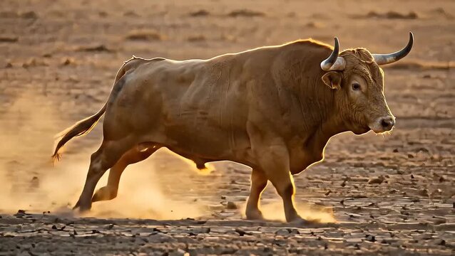 Strong brown bull running fast on dry dusty open field