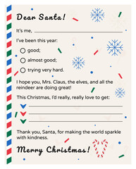 Retro Christmas letter to Santa Claus. Kids’ postcard with a wishlist. Vector template in vintage style with decorative elements - snowflakes, candy canes, hearts, confetti