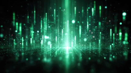 Fototapeta premium Futuristic Abstract Background with Green Vertical Lines and Soft Glowing Particles Creating a Sense of Depth and Movement in Digital Space