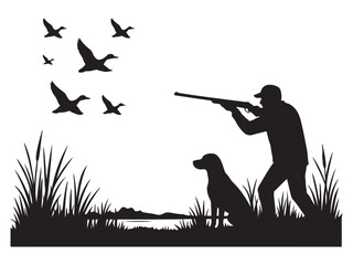 Hunter aiming shotgun at flying waterfowl with dog companion in silhouette