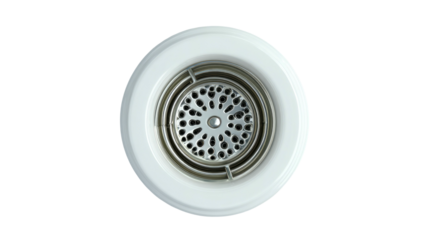 Top-down view of a drain with a white rim and metal grate, against a dark background