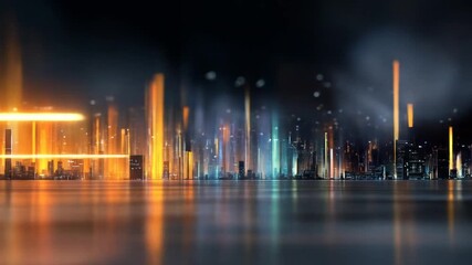 Futuristic digital city with glowing light trails and abstract data streams at night. Modern urban technology, network communication background. - Powered by Adobe
