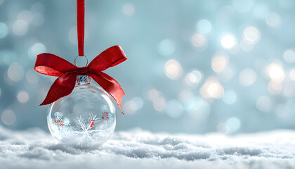 Winter Holiday Background with Christmas Ornament Snow and Glass Decorative Ball