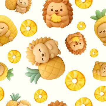 Cute 3D Hedgehog and Pineapple Seamless Pattern &ndash; Adorable Pastel Cartoon Animal Design