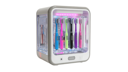 Toothbrushes sanitize inside gray box with purple UV light on. A clean, hygienic routine displayed with modern design