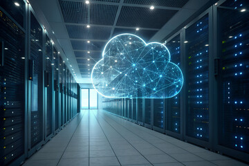 Abstract  glowing cloud icon made of particles and AI new Ara of technology ,graphic art 