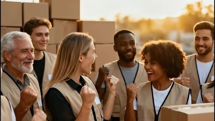 GEN 3: Ключевалка сказал:

Diverse group of warehouse workers celebrating success with raised fists, smiling in golden hour light. 4K video - Powered by Adobe