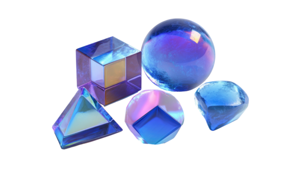 Transparent geometric shapes with iridescent blue & purple hues against a black background
