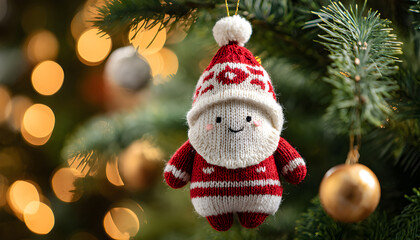 Hanging knitted santa figure on decorated christmas tree