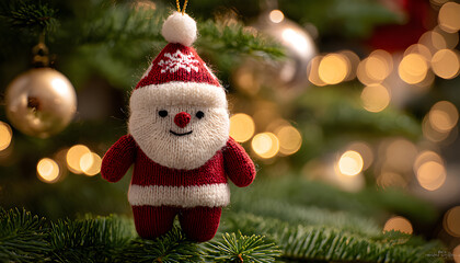Hanging knitted santa figure on decorated christmas tree