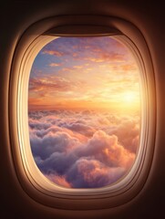 Stunning Sunset View From an Airplane Window Over Fluffy Clouds During a Flight