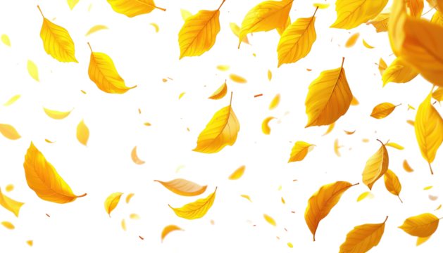 Golden autumn leaves are scattered against a stark black background, creating a dynamic, vibrant, and natural scene - Powered by Adobe