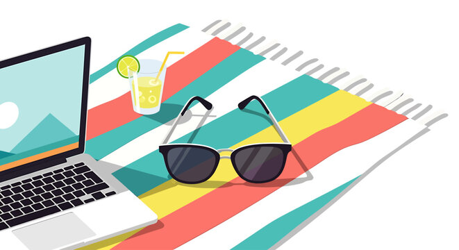 Generated with AI, Vector illustration of sunglasses and laptop on a striped towel with a drink