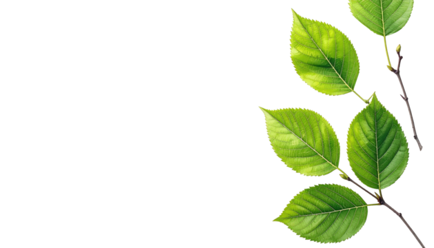 Sprig of vibrant green leaves with veins, against a stark black background on the right side of the image