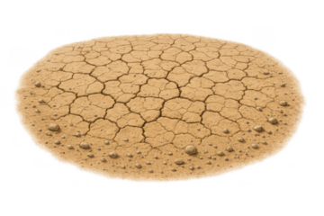 Dry, cracked earth patch showing drought, global warming, and desertification concepts. Arid ground texture on transparent background