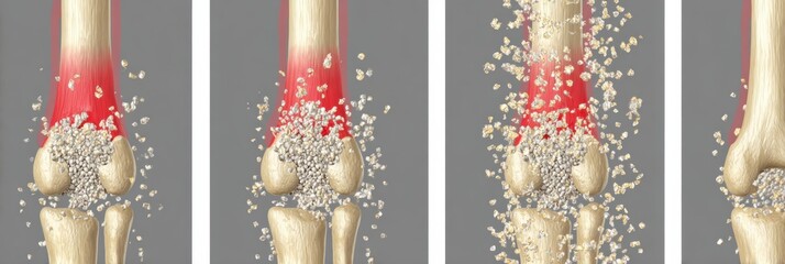 Obraz premium Detailed Illustration Showing the Process of a Knee Joint Injury With Debris and Bone Exposure Occurring in Four Stages