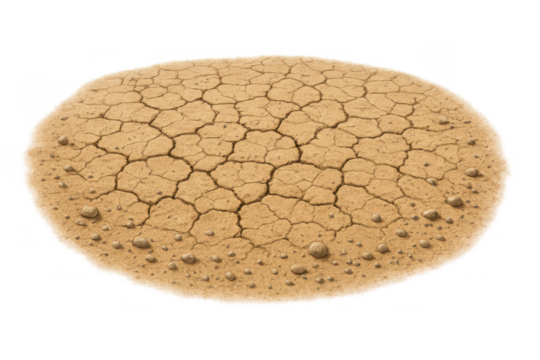 Dry, cracked earth patch showing drought, global warming, and desertification concepts. Arid ground texture on transparent background