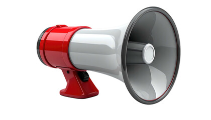 A red & white bullhorn stands out against a black background. Glossy, cone-shaped loudspeaker with curves and highlights
