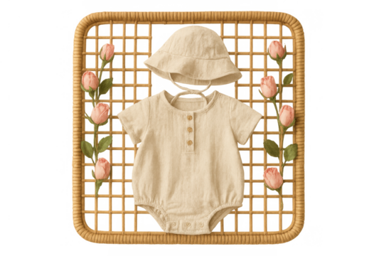 Beige baby romper and hat with wicker frame and pink roses creating a gentle infant fashion flat lay - Powered by Adobe