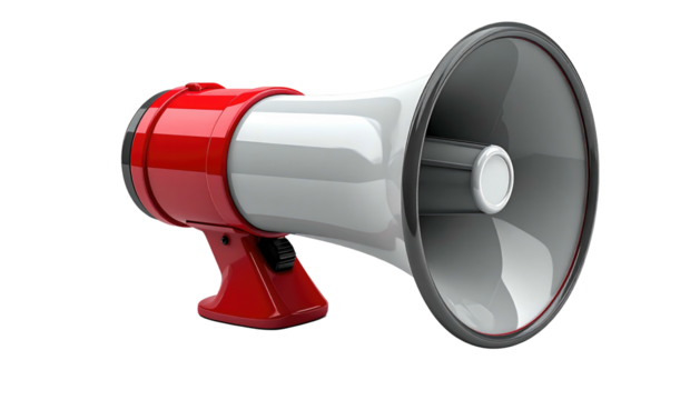 A red & white bullhorn stands out against a black background. Glossy, cone-shaped loudspeaker with curves and highlights