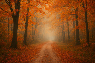 Misty Autumn Morning in the Forest