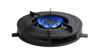 Lit single gas burner, glowing with blue flame, resting on a black metal grate against a stark black background