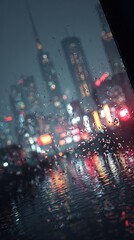 Obraz premium Rainy Night Cityscape View Through Wet Window