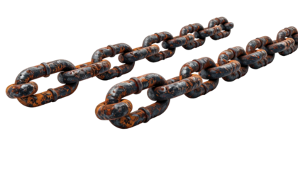 Two rusty metal chains at a slight angle on a black backdrop, detail is visible