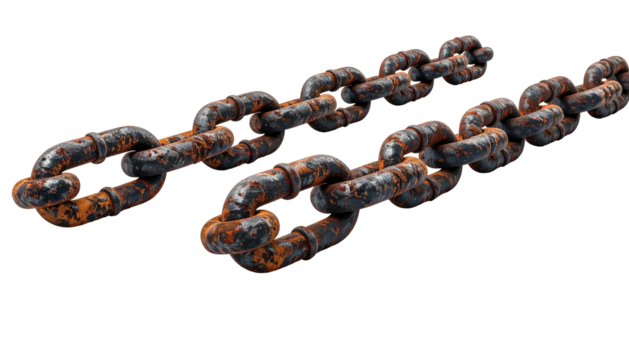 Two rusty metal chains at a slight angle on a black backdrop, detail is visible