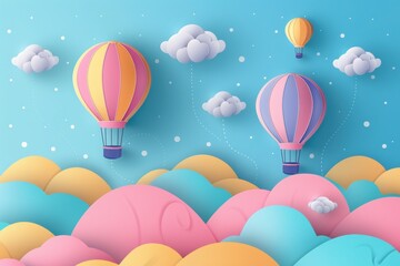 Fototapeta premium Colorful hot air balloons float above pastel clouds and hills in a whimsical sky scene.