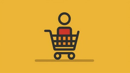 Shopping cart icon with a person and a red item on a bright yellow background.