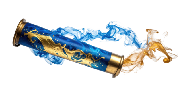 Blue/gold decorated cylinder emits swirling blue & gold smoke against a black background; ethereal, mystical feel