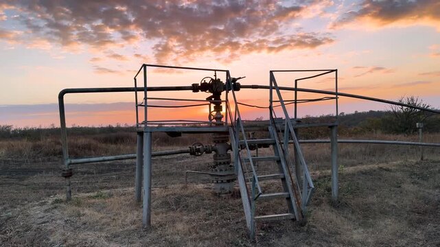 Kharkiv region, Shebelinka gas field, production at a depth of 1-2 kilometers, located in corn and sunflower fields, sunset