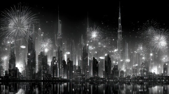 Grayscale cityscape with fireworks illuminating skyscrapers reflecting in the water below - Powered by Adobe
