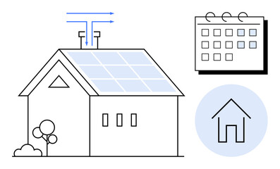 Solar-panel house with ventilation arrows, a calendar, and minimalist icons. Ideal for renewable energy, sustainability, home planning, eco-living, energy management, green technology simple flat