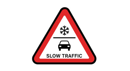 Slow traffic warning sign indicating winter conditions and caution  