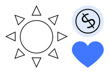 Sun with rays, blue heart, and dollar sign coin in simple flat style. Ideal for sustainability, love, energy, finance, motivation charity and value-themed designs. Minimalist flat metaphor