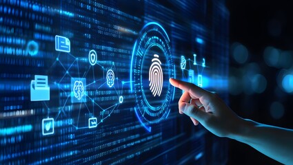 Cyber security system and data protection concept. Man using fingerprint scanning access data with data center as background, biometric identity, data encryption for network security of cyber attack 